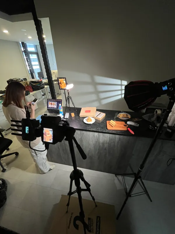 SunnyHills · Director & DP: Product set, lit and on the monitors.